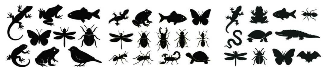Diverse silhouettes of animals and insects including reptiles and amphibians in a creative arrangement