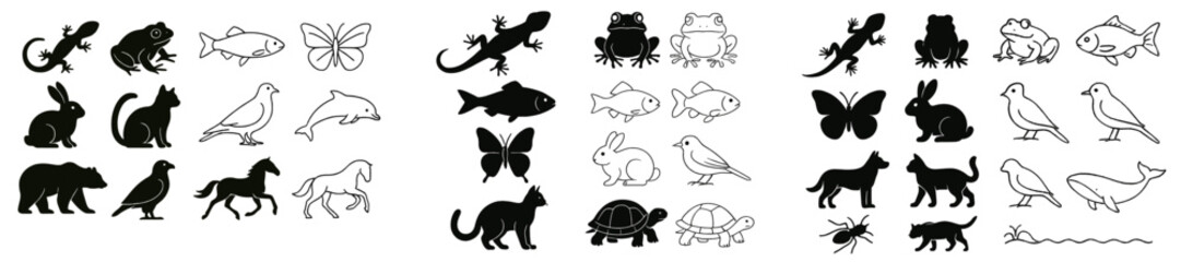 Diverse collection of animal silhouettes showcasing various species in a flat design style for creative uses and educational purposes