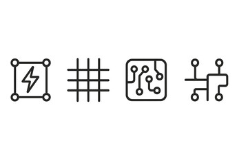 Graphic symbols representing technology concepts in a modern design style