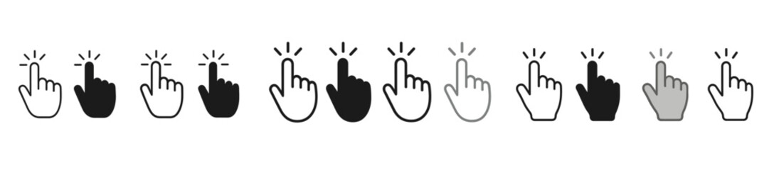 Various hand gestures displayed in a series of illustrations showing different styles and colors of pointing fingers