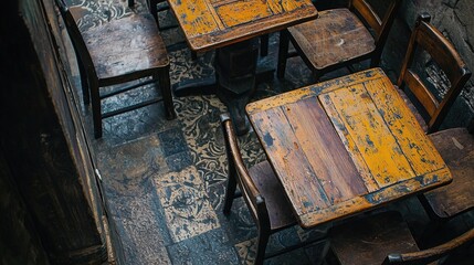 An indoor patio setting of worn wooden tables and chairs.