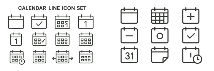 Calendar line icon set with various designs including dates and icons for planning and scheduling activities