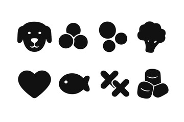 Various simple black icons including a dog, broccoli, heart, fish, and shapes on a white background