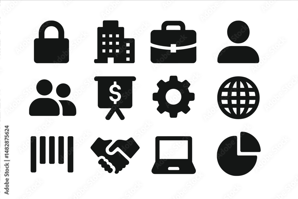 Poster shapes and symbols representing business concepts including security, teamwork, and analytics in a m