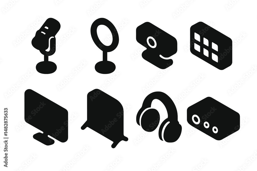 Poster collection of simple black icons representing audio and visual equipment for digital communication a