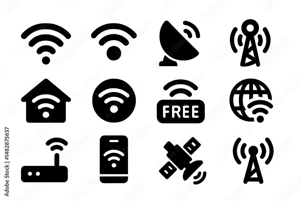 Aufkleber collection of wireless communication icons representing different technologies and connectivity opti