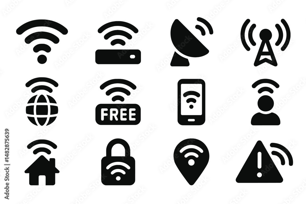Poster collection of wi-fi symbols representing different aspects of connectivity and technology for everyd