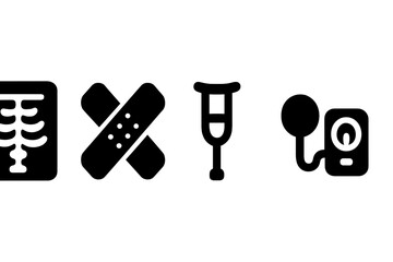 Medical symbols representing health and wellness concepts like diagnostics, treatment, mobility aids, and monitoring devices