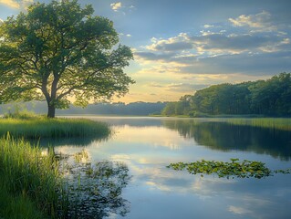 Obraz premium Serene Sunset: Majestic Tree in Lake