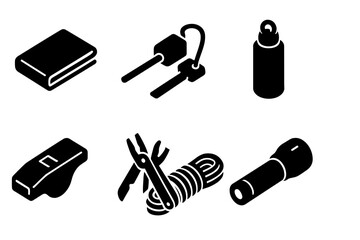 Essential tools and items for outdoor adventures including a multi-tool, flashlight, and more