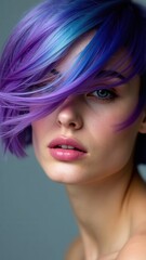 Fototapeta premium Portrait woman with bright colored flying hair, all shades of purple blue. Hair coloring, beautiful lips and makeup. Hair fluttering in the wind. Sexy girl with short hair. Profes.