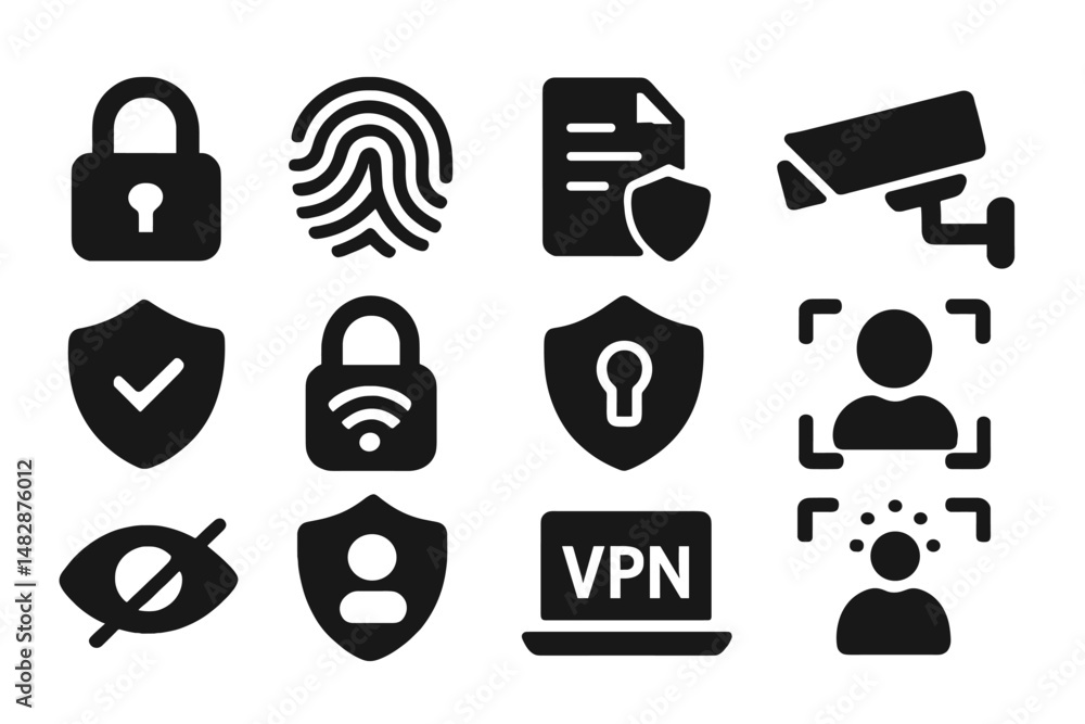 Poster digital security icons illustrating various protection methods and technologies for personal data in