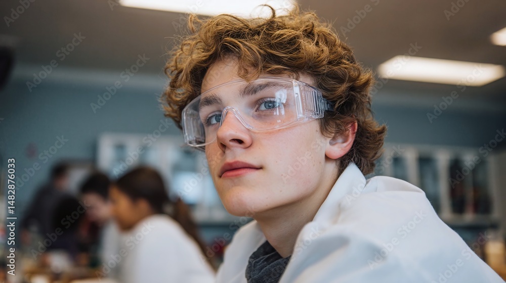 Poster young student in a lab coat and safety goggles engaged in a science experiment in a classroom