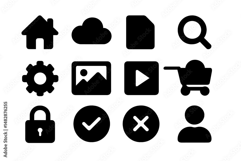 Poster collection of minimalist black icons representing various digital functions and concepts on a light 