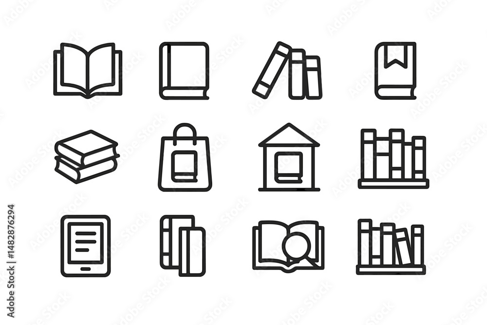 Poster collection of minimalistic book and reading icons representing various literary themes and tools in 