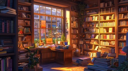 Warm, sunlit interior of a cozy bookstore filled with books.