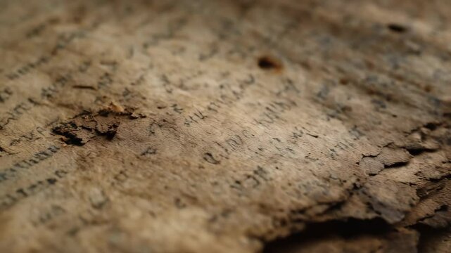 Close-up of an ancient manuscript page with faded writing on textured brown paper