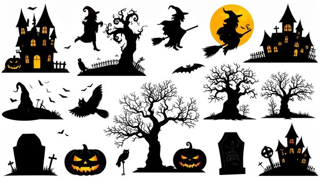 Collection of Halloween silhouettes. Haunted house, creepy tree, flying witch, pumpki