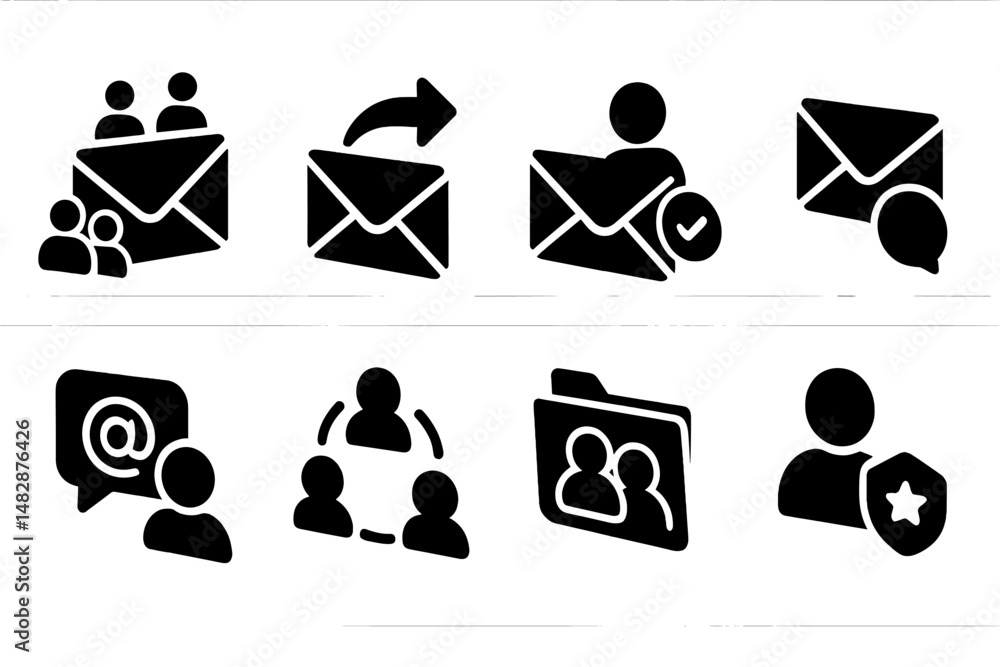 Poster icons representing communication and collaboration in a digital workspace are displayed on a clean w