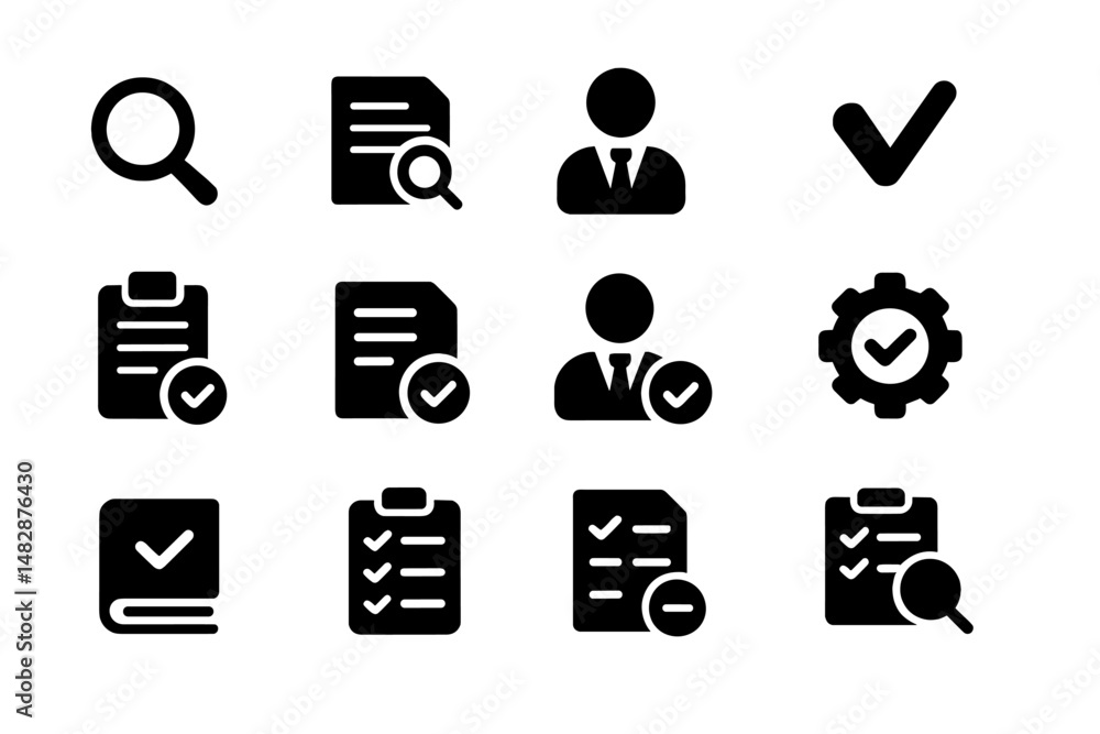 Poster icons representing business tasks and progress tracking in a minimalist style with black and white d