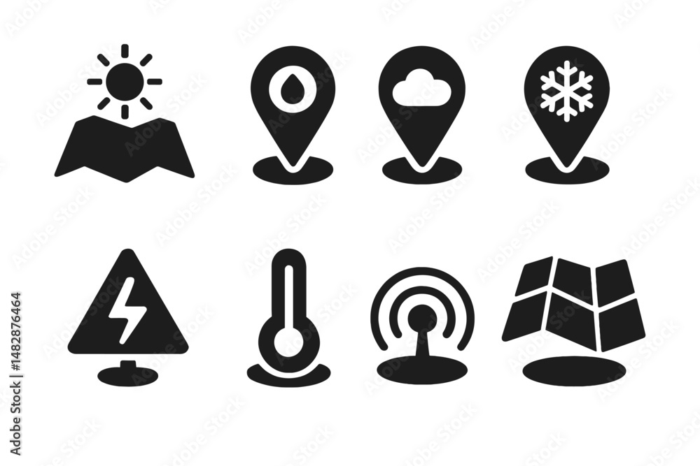 Poster symbols representing weather conditions and environmental elements for use in digital applications a