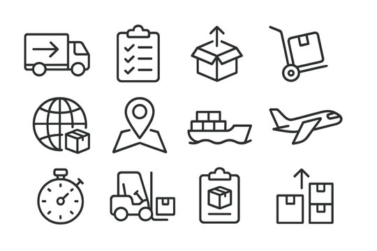 Delivery and logistics symbols for efficient transport and tracking of goods in various modes and locations