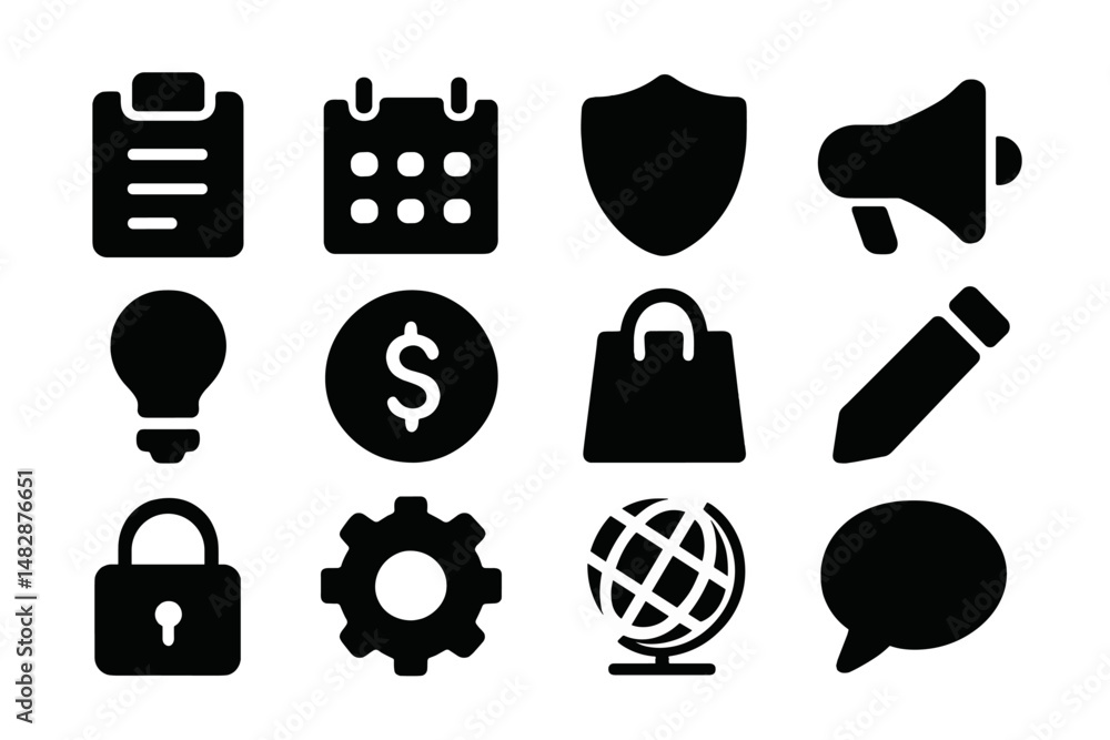 Poster collection of black icons representing various concepts related to business and communication