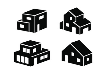 Various modern house designs featuring simple geometric shapes and contrasting black and white effects in a minimalistic style
