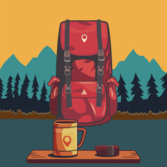 Full backpack with hiking gear against the background of a river, forest and mountains