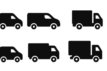Different types of delivery vehicles in a simple black and white design for transportation concepts