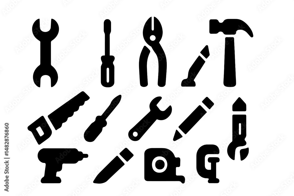 Poster collection of essential hand tools arranged in a creative pattern showcasing different types used fo