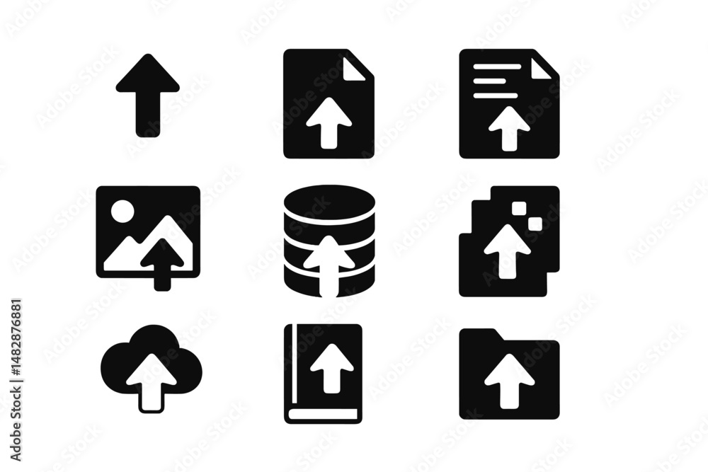 Aufkleber various upload icons representing different file types and storage options in a simple digital layou
