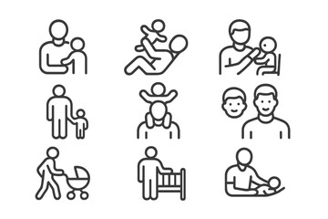 Illustrations depicting various parenting activities, showcasing father-child interactions at different times of the day