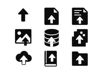 Various upload icons representing different file types and storage options in a simple digital layout