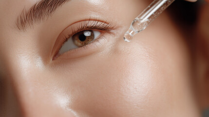 Applying facial serum to the skin with a dropper