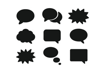 Collection of black speech bubbles and comic-style symbols on a white background for expressive communication design