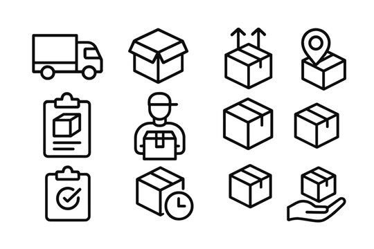 Illustrative icons depicting logistics, shipping, and delivery processes relevant for e-commerce businesses and services