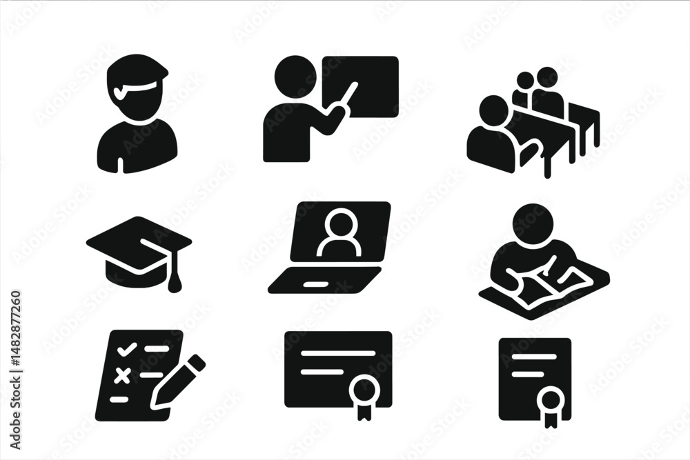 Poster learning and teaching icons representing various educational activities and milestones in a classroo