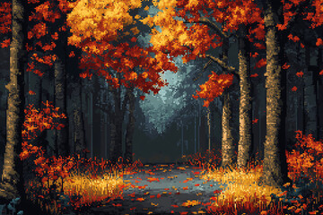 Fototapeta premium Pixel art of an autumn forest path with orange leaves and dark trees in a misty environment