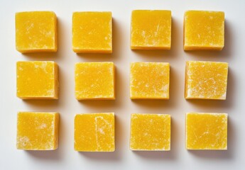 Overhead View of Fifteen Yellow Square Jellies Arranged on Beige Surface