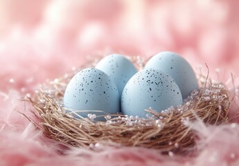 Pale Blue Eggs in Bird's Nest on Pink Fluffy Background