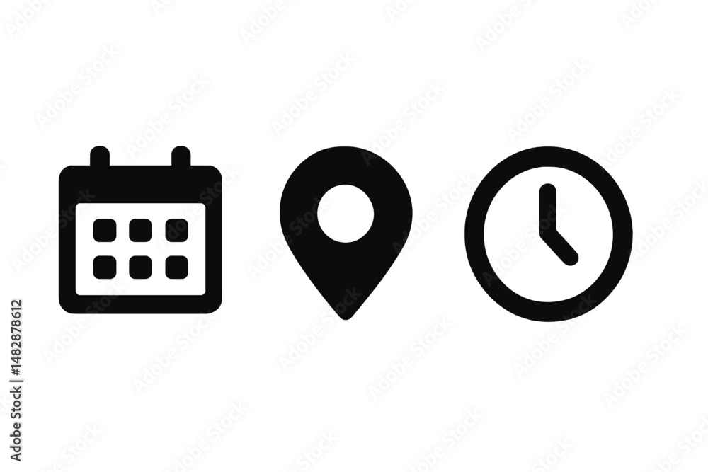 Poster calendar, location marker, and clock icons representing planning and scheduling for events or activi