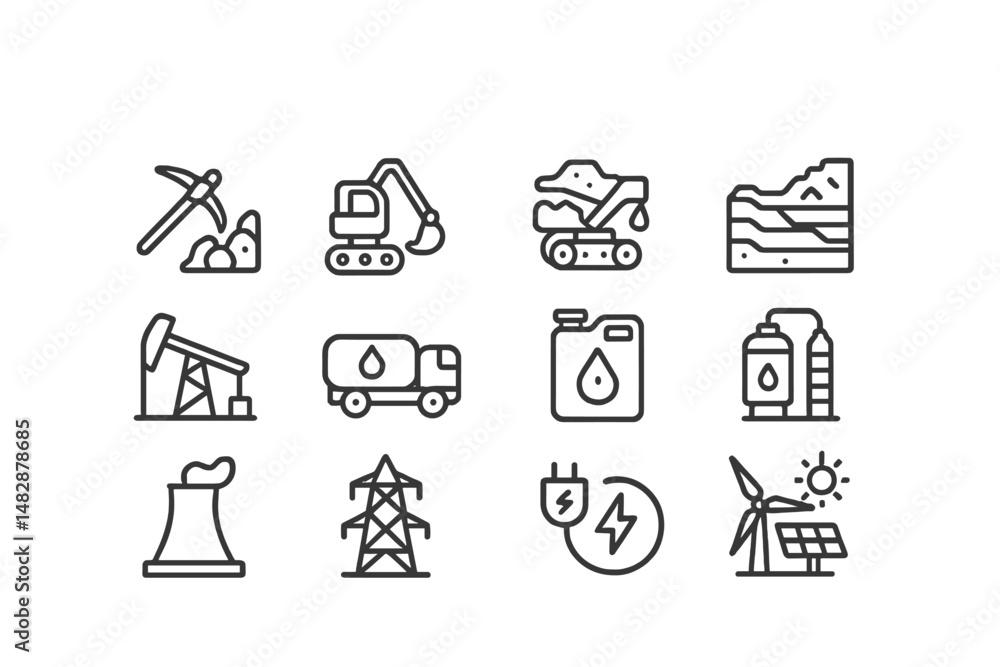 Poster energy production and resource extraction symbols in a grid layout with various equipment and techno