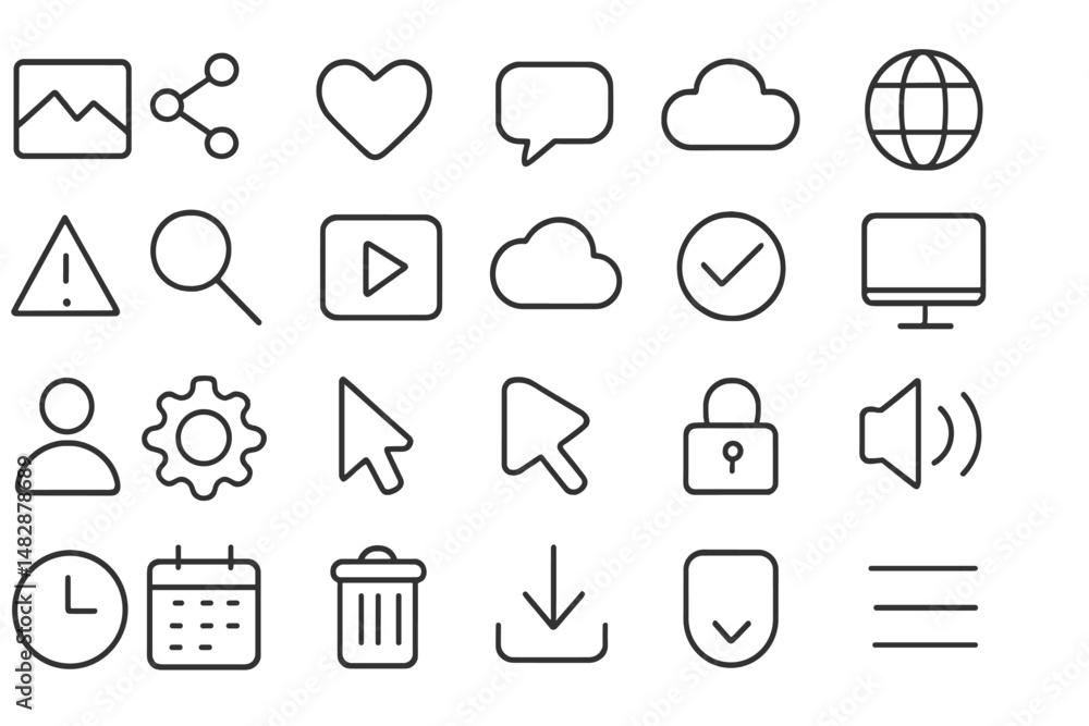 Poster collection of minimalist icons representing various digital activities and concepts for web design a