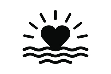 Obraz premium Silhouette of a heart rising above calm waves during sunset with radiant sun rays in a tranquil scene