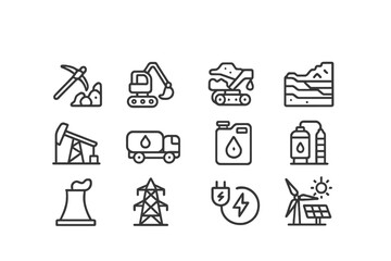 Energy production and resource extraction symbols in a grid layout with various equipment and technologies representing the industry