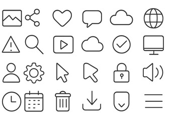 Collection of minimalist icons representing various digital activities and concepts for web design and user interface