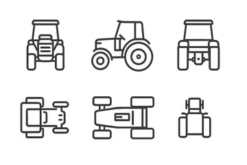 Different styles of tractors and racing cars displayed in a minimalist design featuring various angles and perspectives