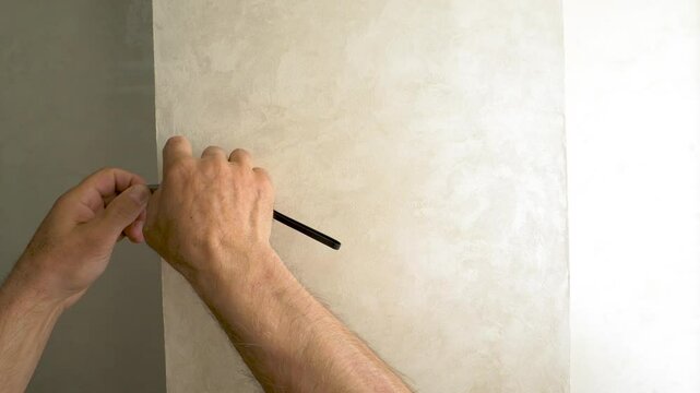 A man measures a construction wall in an apartment with a tape measure. A handyman with a tape measure in his hands. Slow motion