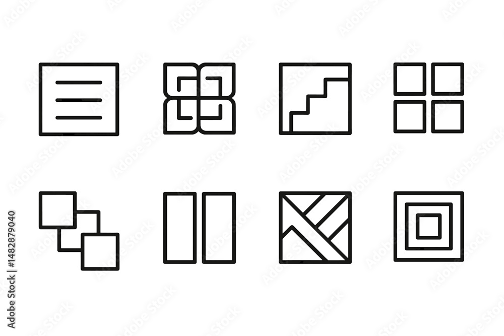 Poster geometric icons representing various concepts arranged in a grid layout on a plain background
